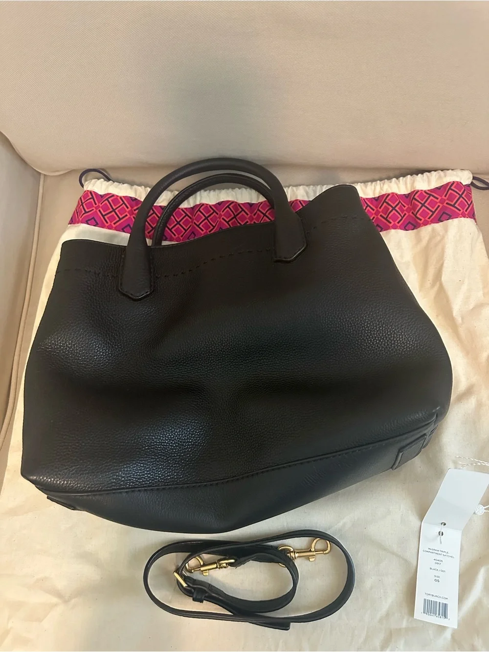 Tory Burch McGraw Triple Compartment Satchel in Black Pebbled Leather
